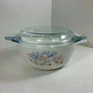 Vintage Pyrex England Blue Iris small casserole dish  with lid